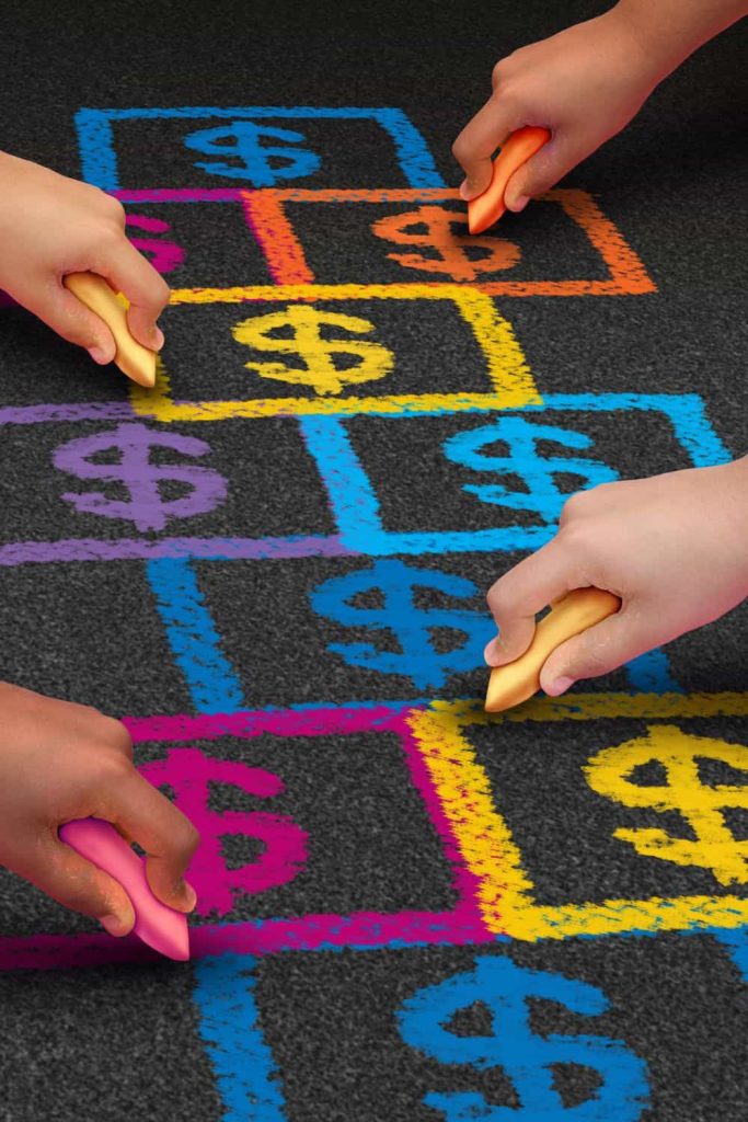 drawing a hopscotch game on a floor with dollar signs
