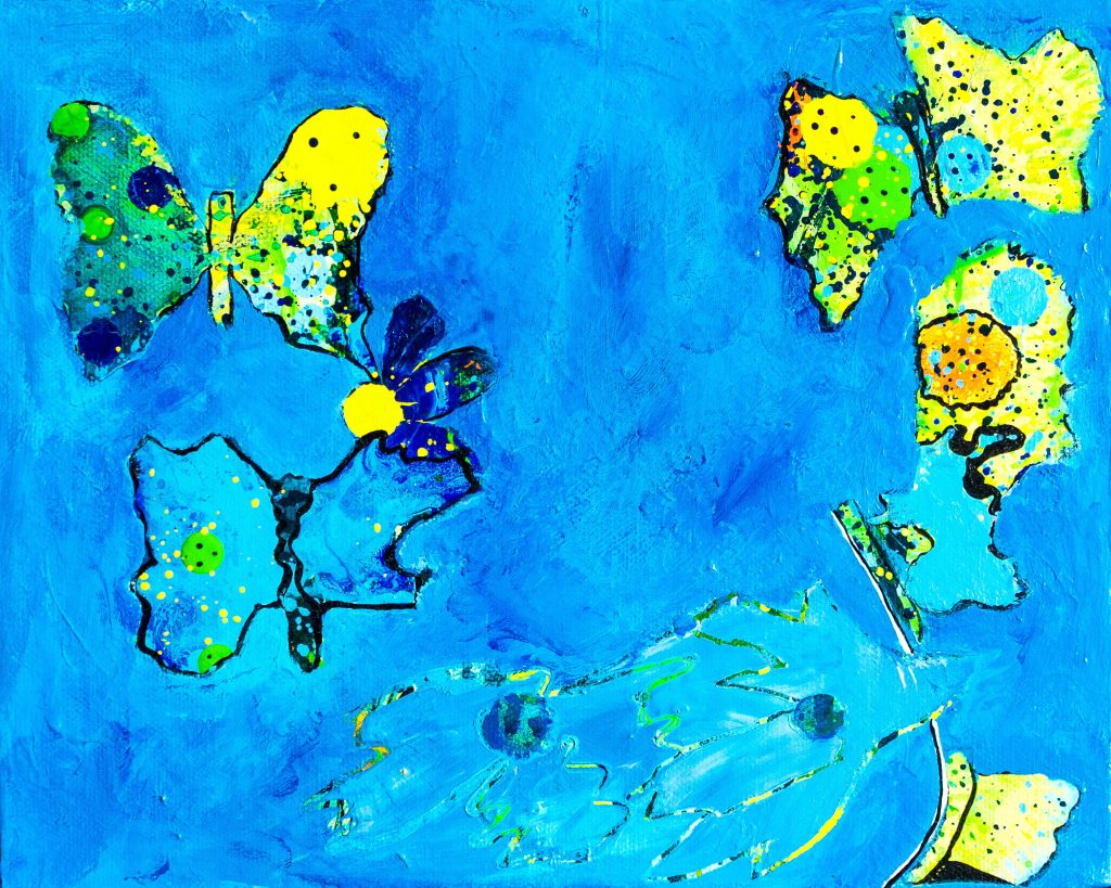 Yellow Butterfly's meaning in Ireland and Scotland: An abstract and whimsical painting of butterflies and flowers against a blue sky background